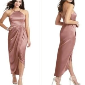 NWT After Six Stretch Charmeuse Gleaming Halter Midi Dress Size 6 Desert Rose